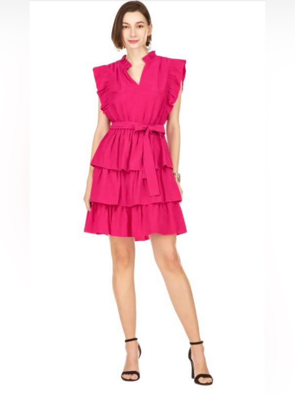 Joy Joy Ruffled Tiered Hot Pink Dress with Waist Tie, size M, nwt